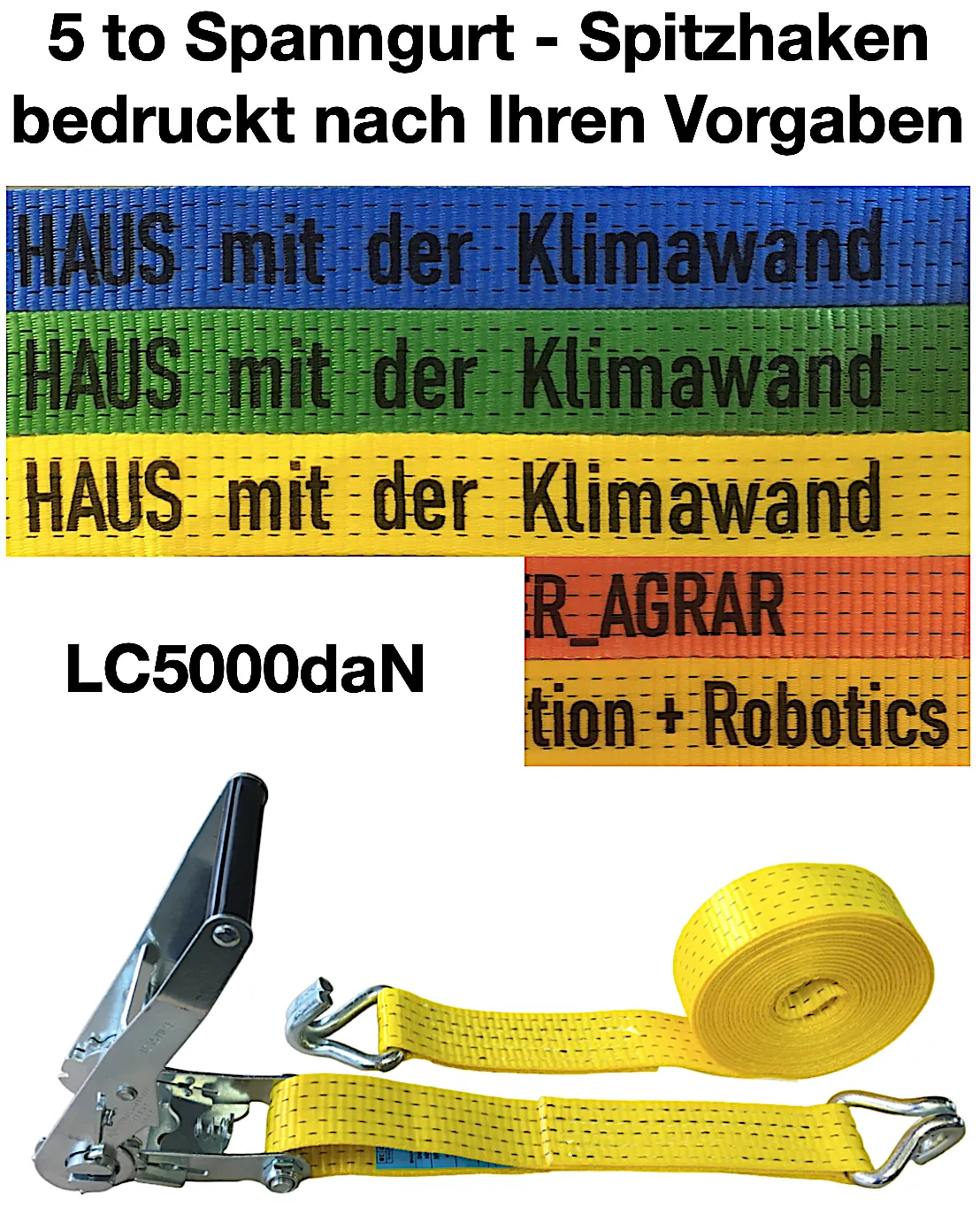 5to Spanngurt mit Spitzhaken bedruckt mit Ihrem Text